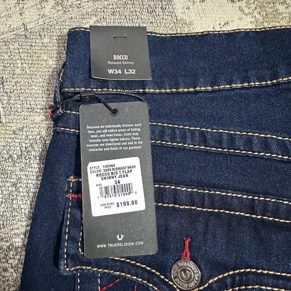 True Religion Men Jeans Blue ROCCO Big T Flap Relaxed Skinny $199 size 34 36 NEW